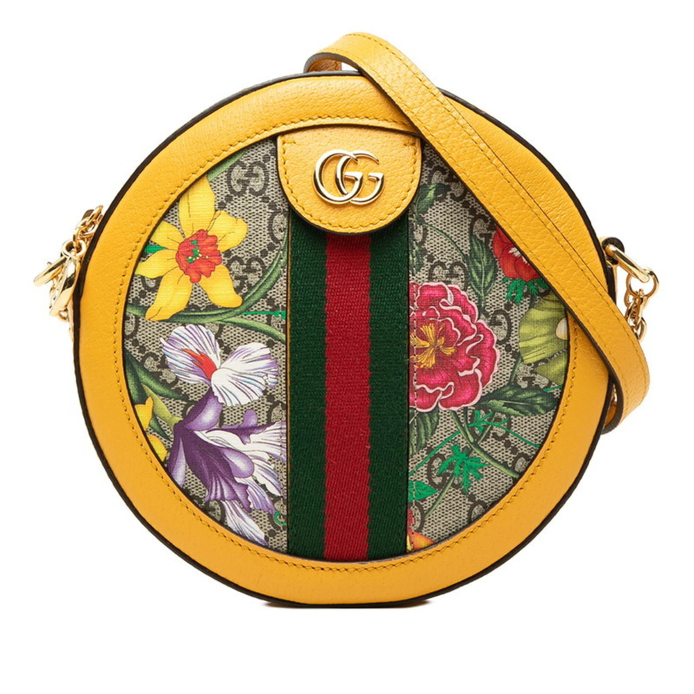 Gucci GG Supreme Flora Crossbody Chain Shoulder Bag 550618 Beige Yellow Leath...